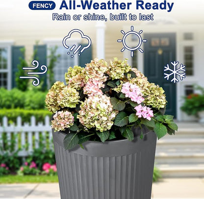 FENCY Self Watering Tall Planters Set of 2, Gray Round | 24 Inch, with Water Level Indicator& Spacious Reservoir, Plastic Tapered Pots, Weather-Resistant, Front Door Decor