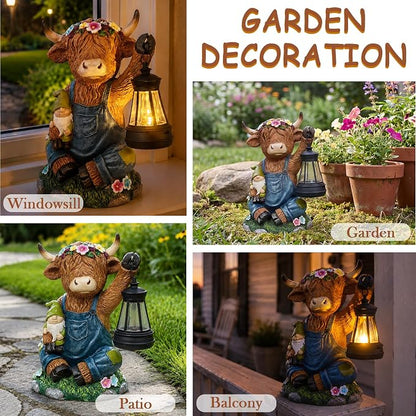 Solar Highland Cow Statue with LED Light - 6.6" Resin Scottish Cow Lantern Figurine, Farmhouse Animal Garden Decor for Pasture Patio Lawn Yard Outdoor Indoor, Housewarming Easter Gift for Women Mom