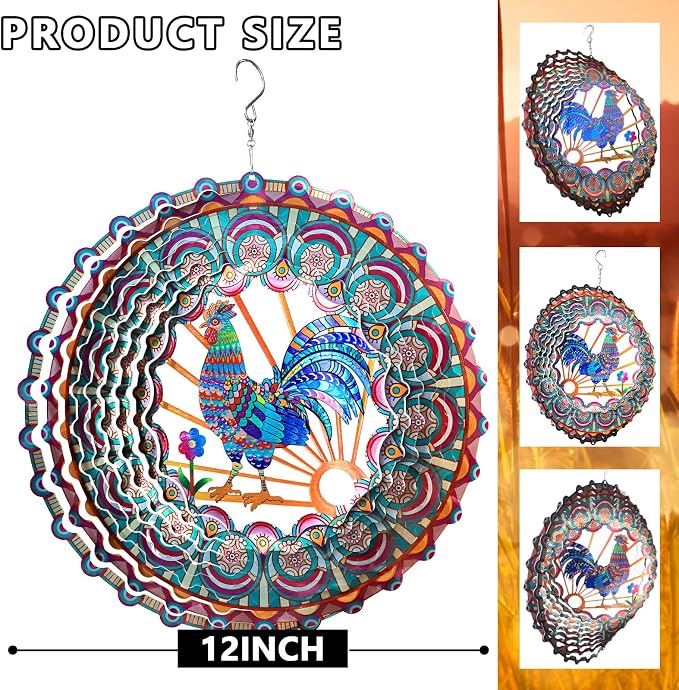 Rooster Kinetic Wind Spinner - 12-Inch 3D Holographic Metal Hanging Sculptures, Rustproof Outdoor Decor Garden Patio Decoration, Unique Gift for Chicken Lovers Mom Dad Men Women