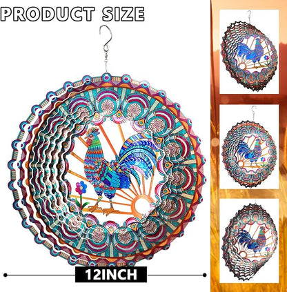 Rooster Kinetic Wind Spinner - 12-Inch 3D Holographic Metal Hanging Sculptures, Rustproof Outdoor Decor Garden Patio Decoration, Unique Gift for Chicken Lovers Mom Dad Men Women