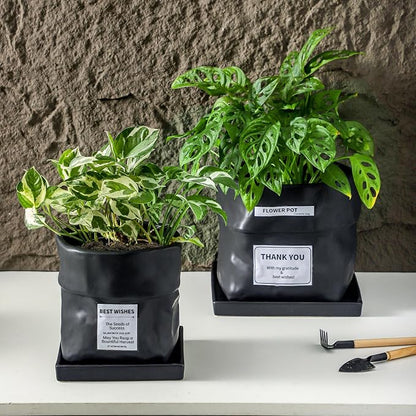Nihow 8 Inch Ceramic Plant Pot with Drainage & Square Saucer,Black | Bag Shape Design,Indoor & Outdoor,Living room/Office/Bedroom/Windowsill/Tabletop,Plant Lovers/Gardeners/Beginners