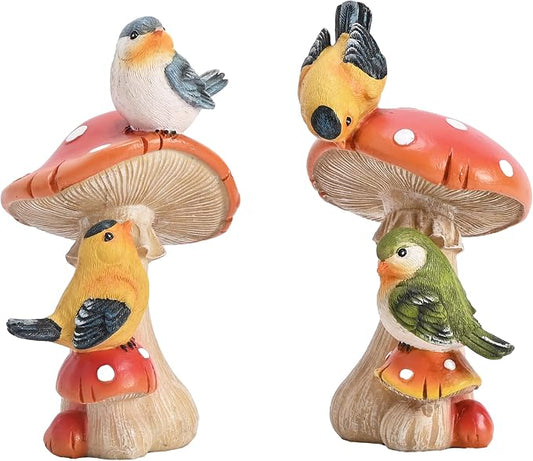 TERESA'S COLLECTIONS Garden Decor, Set of 2 Cute Birds and Mushrooms Garden Decor, Waterproof Resin Garden Statue, Birds Gift, Garden Gift for Women Mom, Indoor/Outdoor