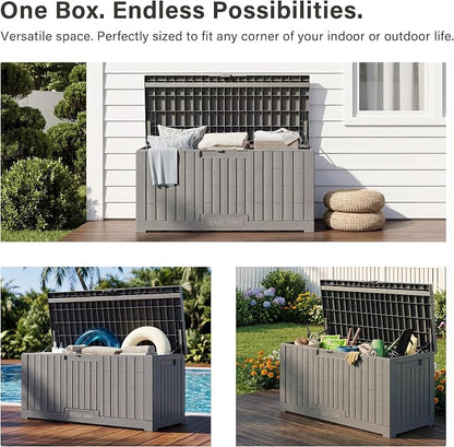 EAST OAK Outdoor Storage Box, 100 Gallon Deck Box, Waterproof Resin Storage Bench for Patio Cushions, Gardening Tools, Pool Toys, Lockable, UV Resistant, Grey