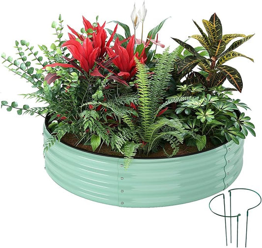 ZFHgarden Galvanized Metal Planter Round Raised Garden Bed Kit for Gardening Outdoor，2x2x1ft Grow Garden Box Raised Flower Bed，Round Galvanized Planter Outdoor Metal Fire Pit Ring Green