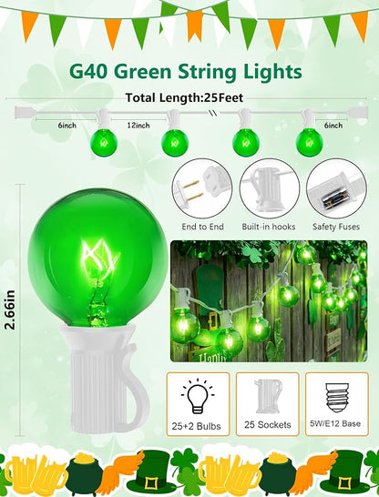 G40 Green St. Patrick’s Day Globe String Lights, 25Ft Outdoor St. Patrick’s Day Decorations Lights with 27 Green Incandescent Bulbs, Hanging Patio Lights Waterproof for Christmas Wedding Party Garden