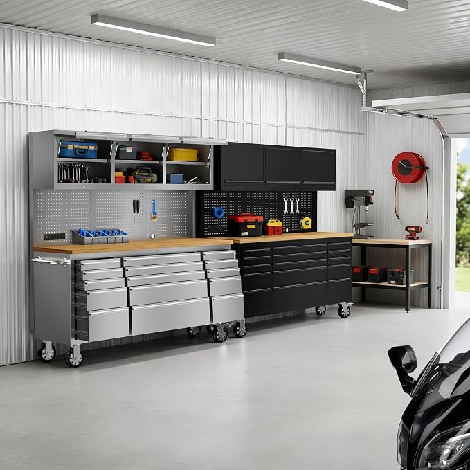CHETTO C 72" Tool Cabinet Black Chest with 3 Upper Cabinets and 15 Drawers + 72" Tool Box Stainless Steel Mobile Rolling Workbench Large Tool Box Socket Lockable Storage Wheels for Garage 2 Pack