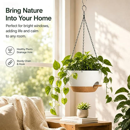 12 Inch Self Watering Hanging Planters 2 Pack, White Brown | Plastic planters with drainage holes and saucers. Suitable for indoor, outdoor, kitchen, balcony and garden plant decor.