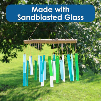Ocean Blue Sea Glass Driftwood Wind Chime, Handcrafted Coastal, 15 Inch | Ocean Blue Glass; Driftwood Accent; Coastal Patio Decor; Handcrafted Wind Chime