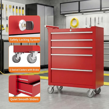 Rolling Tool Chest, 5-Drawer Tool Storage Cabinet, Tool Box with Wheels, Lock System and Drawer Liners, Tool Cart for Warehouse, Workshop and Repair Shop, Red