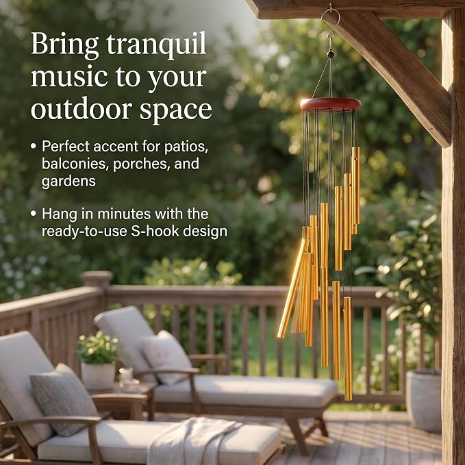 Outdoor Wind Chimes for Outside with 12 Aluminum Tubes for Garden Patio Balcony and Home Decor (Golden)