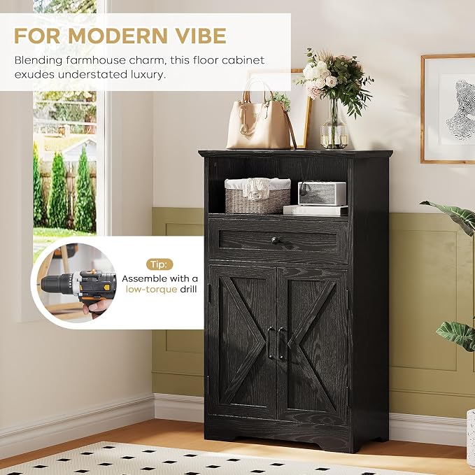 Floor Cabinet, Farmhouse Storage Cabinet with Barn Doors and Drawer, 11.81" D x 23.62" W x 39.37" H Black Freestanding Adjustable Shelf Organizer for Bathroom, Kitchen, Living Room