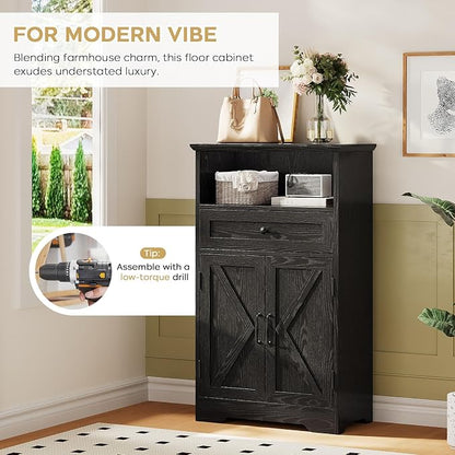 Floor Cabinet, Farmhouse Storage Cabinet with Barn Doors and Drawer, 11.81" D x 23.62" W x 39.37" H Black Freestanding Adjustable Shelf Organizer for Bathroom, Kitchen, Living Room