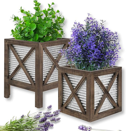 Autumn Alley Front Porch Planters Set of 2, 15.7" & 10.2", Wood & Metal | Tabletop scale for steps &entryways, Galvanized corrugated metal, X-brace wood frame, Holds a standard nursery pot