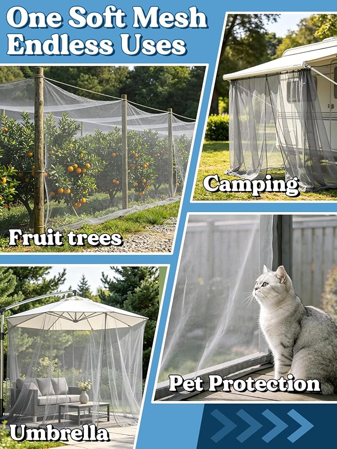 ANPHSIN 65x10ft Ultra fine Mosquito Net for Patio - Mesh Netting Screen for Outdoor Garden Porch Balcony, Protects Skin & Plants from Bugs, Birds, Gray