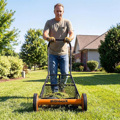 IRONMAX 18 Inch 5-Blade Push Reel Lawn Mower, 9-Level Adjustable Cutting Heights, Removable Grass Catcher, Lightweight No Motor Walk-Behind Manual Grass Cutter for Garden Yard Park (Orange, 18 Inch)