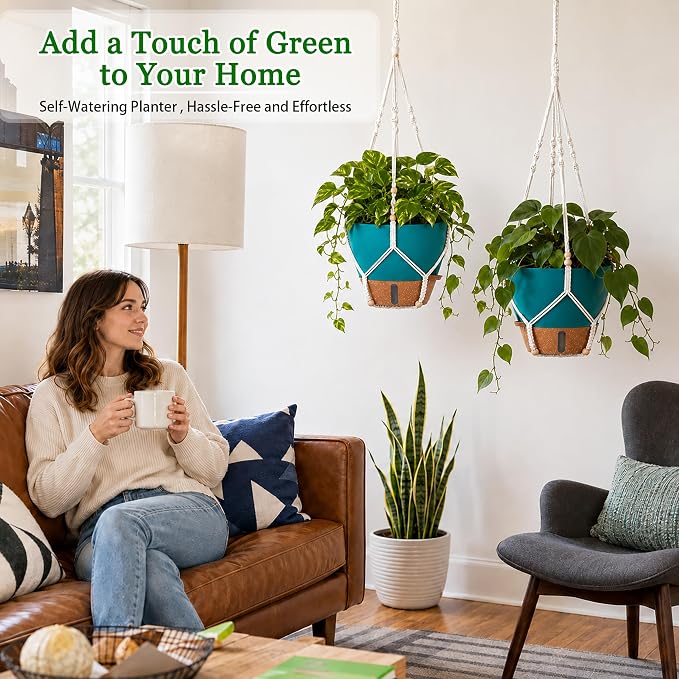 10 Inch Hanging Planters for Indoor Plants, 2 Pack Self Watering Hanging Baskets Flower Pots with Drainage Hole, Visual Reservoir & 2 Kinds of Plant Hanger for Home Decor (Deep Teal, 10 Inch)