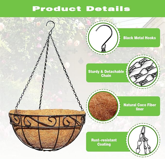 4 Pack 12 Inch Black Metal Hanging Basket Hanging Planter with Coco Coir Liner Heavy Duty Hanging Flower Pot Holder for Indoor Outdoor Patio Garden Porch Balcony Decor (Lace)