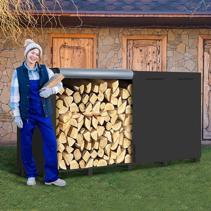 8ft Firewood Rack Outdoor with Waterproof Widened Cover, Heavy Duty Firewood Holder Included Supporting Strap, Powder-coated Wood Rack for Firewood Storage