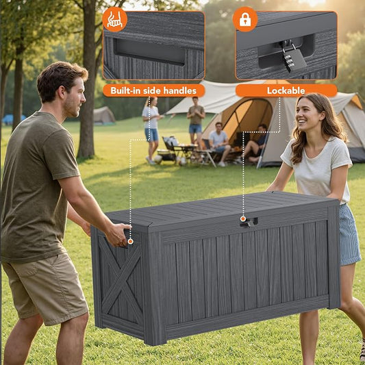 130 Gallon Deck Box Outdoor Indoor Waterproof Storage Box for Patio Furniture, Pool Accessories, Garden Tools, and Cushion Storage, Gray