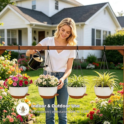 Set of 4-8 Inch Self Watering Hanging Planters for Indoor Outdoor，Hanging Plant Pots with Drainage & Removable Tray, Hanging Pots Holder for Ivy, Pothos, Ferns, Balcony & Patio, White Brown