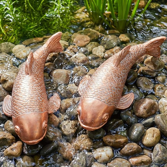 Koi Pond Decor - 2PCs Large Ceramic Bronze Antique Koi Fish Statue, Resin Real Fish Sculpture, Elegant Garden Art & Outdoor Statues for Patio