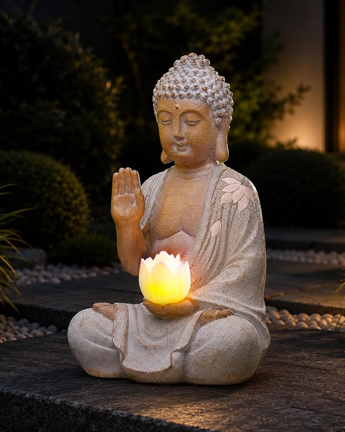 Nacome Solar Buddha Garden Statue Decor: Sitting Resin Figurine with Lotus Flower Light Zen Sculpture for Patio Lawn Yard Porch Balcony Meditation Space - 10.6 inches(White)