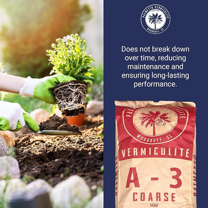 Palmetto Vermiculite Coarse Grade A-3 Horticultural Soil Additive, 4 Cu Ft Bag - Gardening and Potting Mix for Seed Starting, Aeration, and Drainage