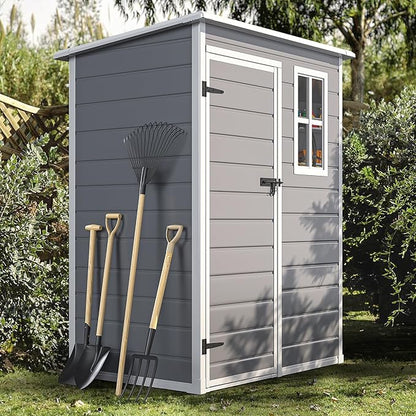 DWVO 5x3 FT Outdoor Storage Shed with Reinforced Floor, All-Weather Resin Storage Shed with Lockable Door & Window, Waterproof Plastic Tool Shed for Garden, Backyard, Patio, Lawn