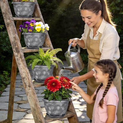 10-Inch -Plastic-Pots -For-Plant With Saucer, 4 Pack Outdoor Planters With Drainage Holes, Decorative Flower Pots For Indoor Plants, Modern 3D Swirl Silver Plant Pots With With Removable Tray