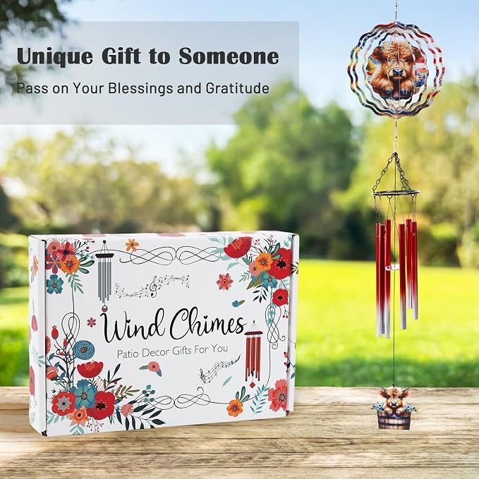 Highland Cow Wind Spinner Chimes Outdoor - Hanging Garden Decor Metal Wind Chimes for Patio, Yard, Backyard - Birthday Housewarming Gifts for Women/Mom/Grandma