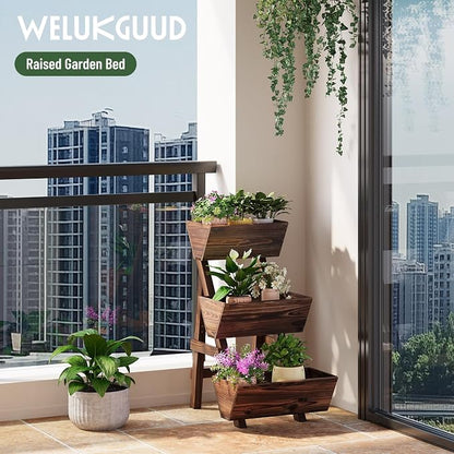 3-Tier Vertical Wooden Raised Garden Bed, Freestanding Garden Planter Box, Wood Flower Rack, Planter Box for Herbs, Vegetables, Outdoor Indoor Use, Small-Carbonized