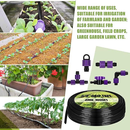 Tondiamo 1000' 5/8 Inch Drip Tape Irrigation Tubing Kit 16 Mil 6" Spacing Garden Hose Watering Tube Line Automatic Equipment for Garden Irrigation System Farms, Landscape, Lawn