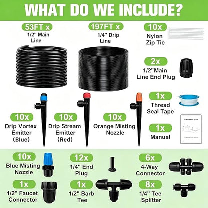 250FT Drip Irrigation System for Garden with 40 Nozzles & Emitters, Garden Watering System with 1/2" & 1/4" Tube and Barbed Fittings - Adjustable Sprinklers Kit for Greenhouse, Lawn, Raised Bed