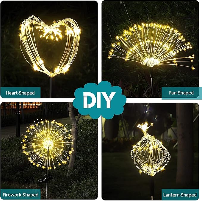 JJGoo Solar Firework Lights, 2 Pack 180 LEDs 2 Lighting Modes Solar Lights Outdoor Waterproof for Garden Patio Walkway Pathway Party Wedding Christmas Decorative - Warm White