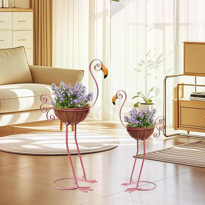 COOZZYHOUR Metal Flamingo Planter with Basket -Garden Bird Planters for Outdoor Indoor Lawn,Yard,Porch,Patio, Garden Decorations（Set of 2）