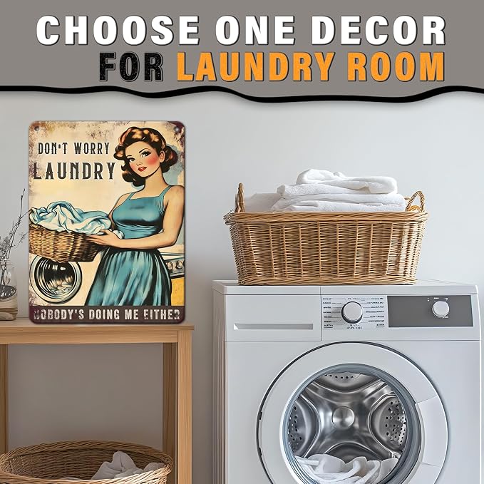 PEACHGARDEN Don't Worry Laundry Vintage Tin Sig Funny Sarcastic Retro Housewife Design Metal Tin 1950s Mom Laundry Sign Laundry Room Wall Decor for Home 12x16inch