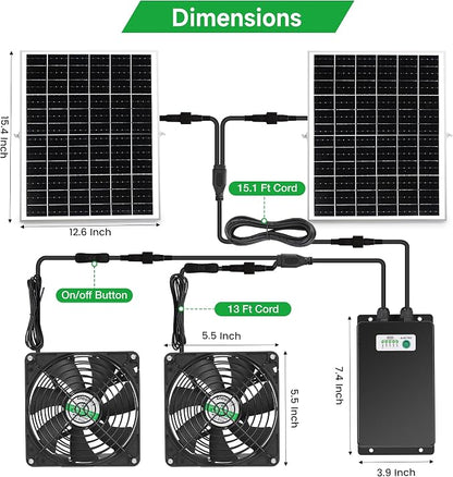 blessny 5.5" Solar Rechargeable 2 Fan Kit for Intake or Exhaust air, Weatherproofed 50W Solar Powered Fans for Outside Chicken Coops, Greenhouses, Shed, Pet House Air Ventilation