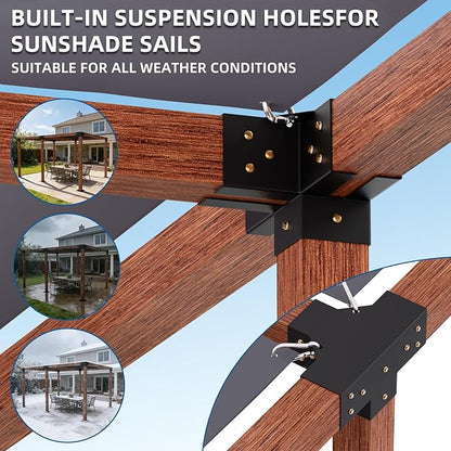 4-Way Pergola Brackets Kit (2-Pack), Heavy Duty 4x4 Corner Brackets for Outdoor Wood Posts, Easy Install for DIY Gazebo Patio Log Cabin & Outdoor Structures