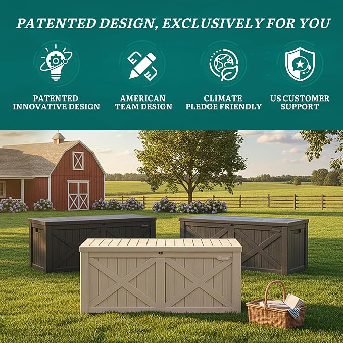 YITAHOME 150 Gallon Large Deck Box with X-Shaped Front | Resin Outdoor Storage Boxes, Waterproof Cushion Storage Bench for Patio, Pool Supplies, Garden Tools - Lockable, Taupe