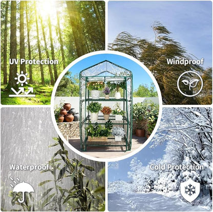 Mini Greenhouse for Indoor Outdoor, Small Plants Green House with 3 Tier Shelves, Portable Plastic Greenhouses with Transparent PVC Cover for Garden Backyard Patio Balcony Porch