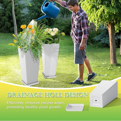 TUYOHW Set of 2 Tall Planters, 24" Large Indoor Outdoor Flower Pots with Tray, Modern Tapered Planters for Porch, Patio, Garden, Backyard(White)