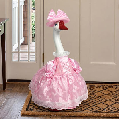 Porch Goose Statue with Princess Outfits - Cute Resin Goose Figurine with Pink Princess Dress Bow Hat, Waterproof Weather Resistant Garden Decor for Patio Lawn Room, Gift for Women Goose Lovers