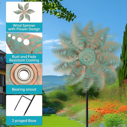 2 Pack Wind Spinners Outdoor Metal Vintage Green, Waterproof Wind Sculptures Garden Pinwheels & Decorative Stakes, Small Windmills for Yard Lawn Patio Outdoor Garden Decor (Type 35)