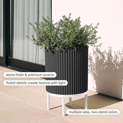 Veradek Demi Series Round Planter w/Stand for Porch/Patio | Durable Plastic-Stone Composite & Wooden Stand | Modern Décor for Tall Plants, Flowers