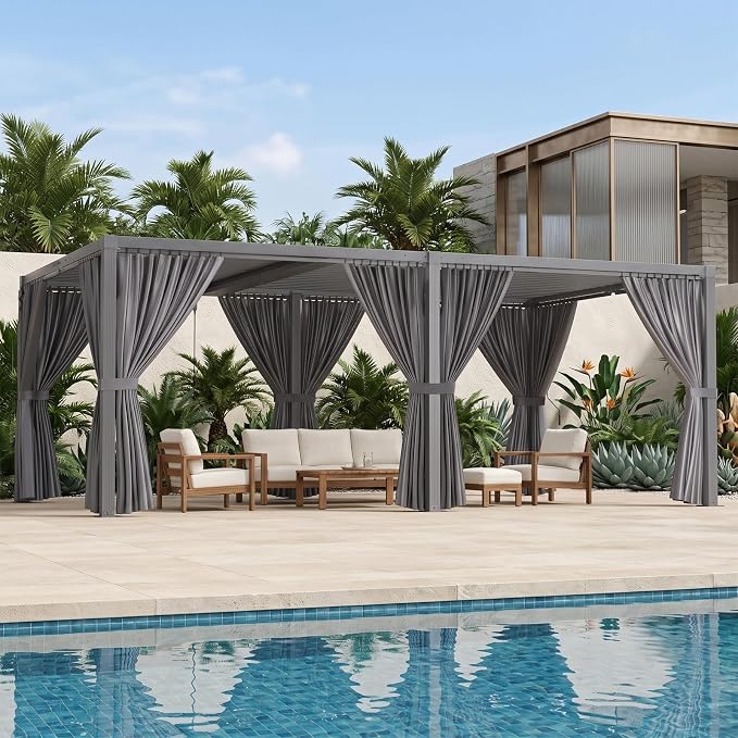 Louvered Pergola 12' x 20' with Waterproof Curtains, Large Outdoor Aluminum Pergola with Reinforced Steel Roof, Heavy-Duty Hardtop Gazebo, Privacy Shaded Shelter, Gray