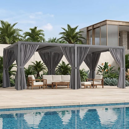 Louvered Pergola 12' x 20' with Waterproof Curtains, Large Outdoor Aluminum Pergola with Reinforced Steel Roof, Heavy-Duty Hardtop Gazebo, Privacy Shaded Shelter, Gray