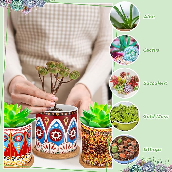 Zopeal 6 Pcs 3 Inch Succulent Pots Succulent Planters Cylinder Ceramic Pots Mandala Multicolor Cactus Pot with Drainage Holes and Bamboo Trays for Indoor Plants Flowers Garden Decoration (Core)