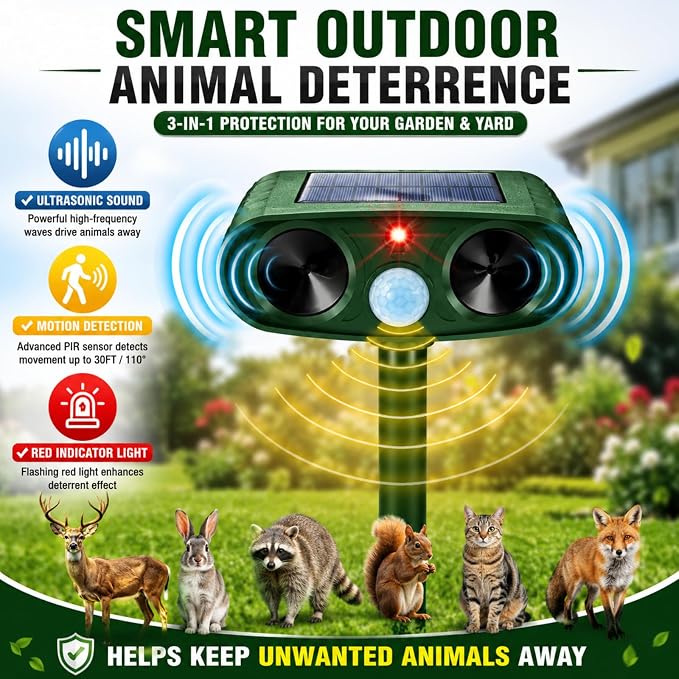 2 Pcs Upgraded Deer Repellent Devices,Solar Animal Repellent Ultrasonic Outdoor for Cats Squirrels Racoons Rabbits Foxs Dogs Skunks,IP65 Waterproof Motion Sensor Animal Repeller Deterrent for Garden