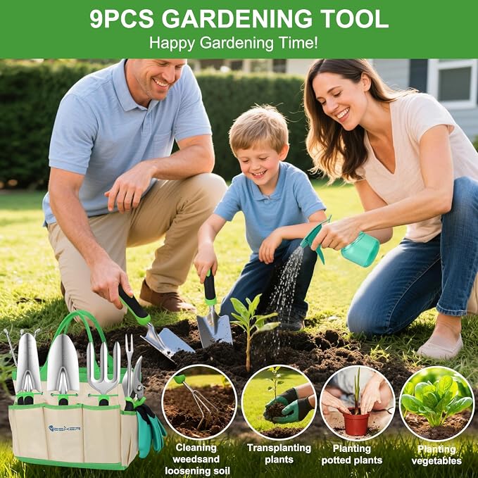 Yesker Gardening Tools 9-Piece Heavy Duty Garden Tool Set Gardening Supplies Gifts for Women Men Gardening Hand Tool Kit with Non-Slip Ergonomic Handle, Garden Bag, Durable Gloves and Shears, Green