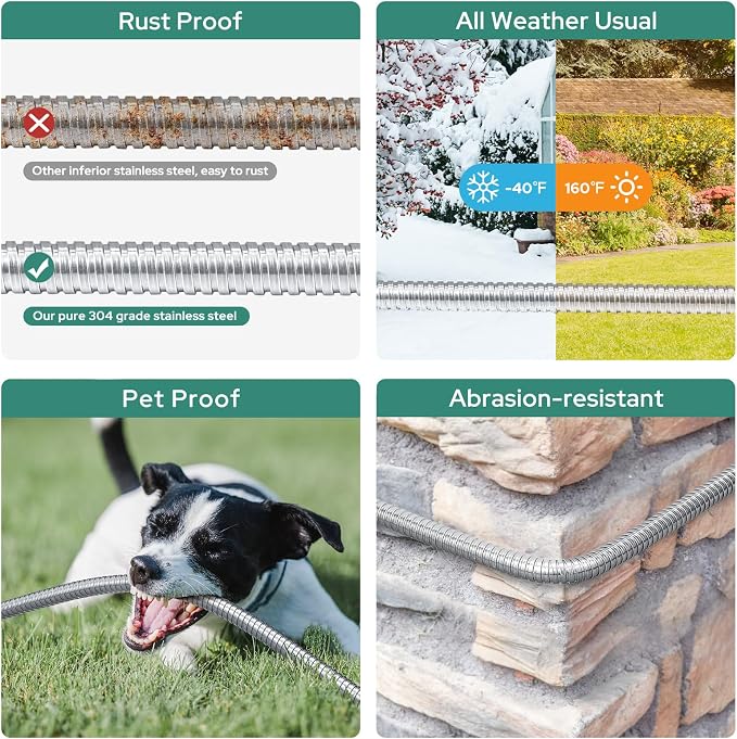 HOMEIDEAS 50 ft Leak-proof Stainless Steel Metal Garden Hose Set - Newly Premium SUS304 Spring Protective Sleeve, Anticorrosive 3/4" Brass Fittings - Perfect for Outdoor Watering